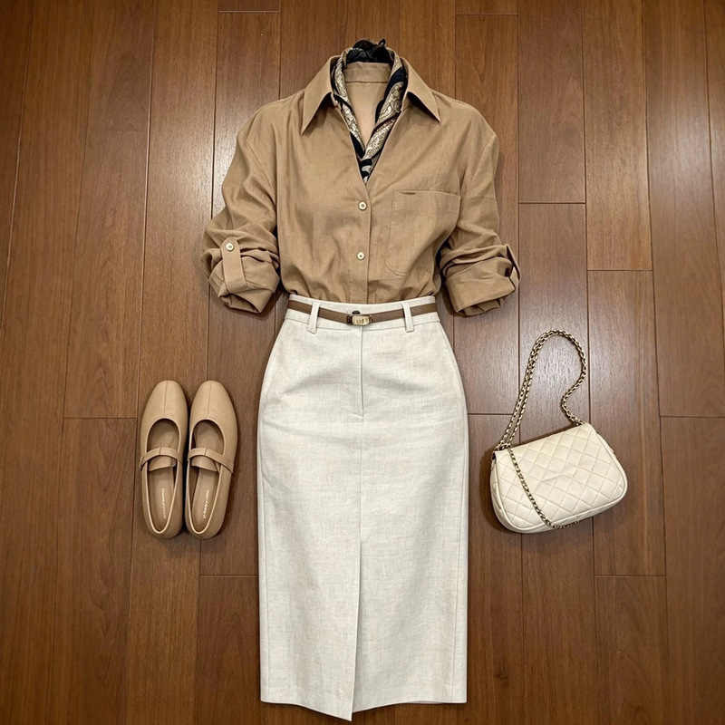 2026 Trendy Outfit: a Complete Set of Elegant and Beautiful Women's Clothing, Including a Silk Scarf Paired with a V-Neck Shirt and a Two-Piece Skirt Set