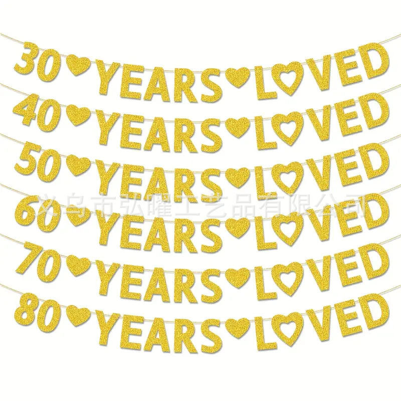 30 40 70 80Years Loved Heart Birthday Party Banner Pull Flag Holiday Party Decoration Props