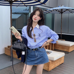 【高品质订货】欧尼同款！复古撞色翻领刺绣宽松条纹衬衫  #  LWD