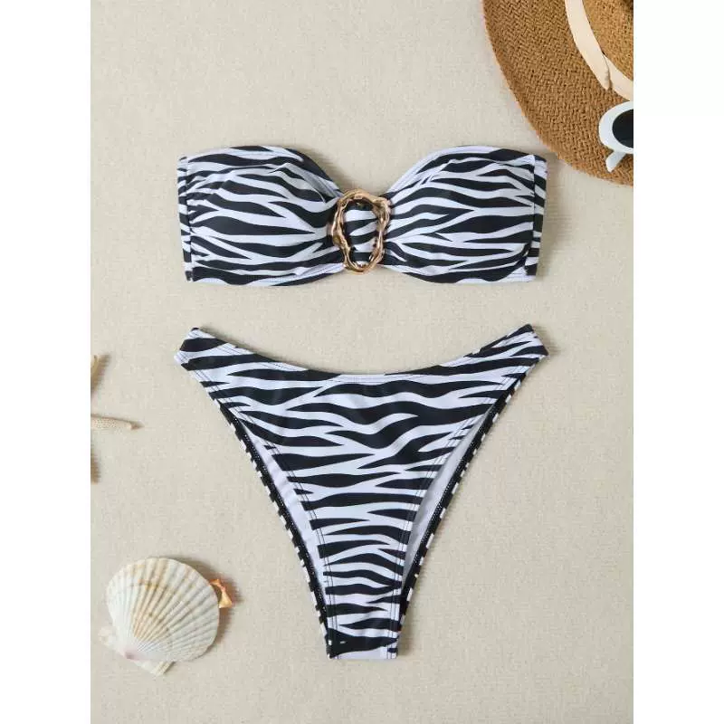 2025欧美抹胸泳衣女性感紧身比基尼亚马逊跨境欧美条纹分体泳衣