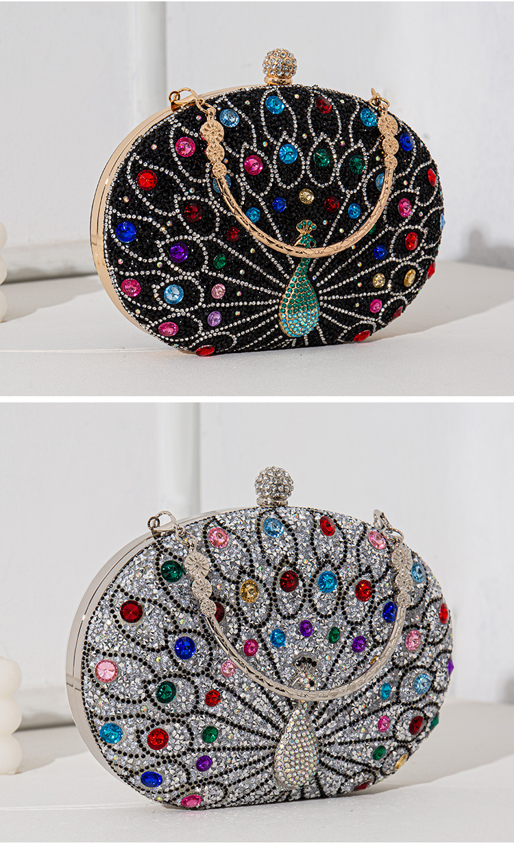 Oval Shape Rhinestone Metal Peacock Oval Evening Bags