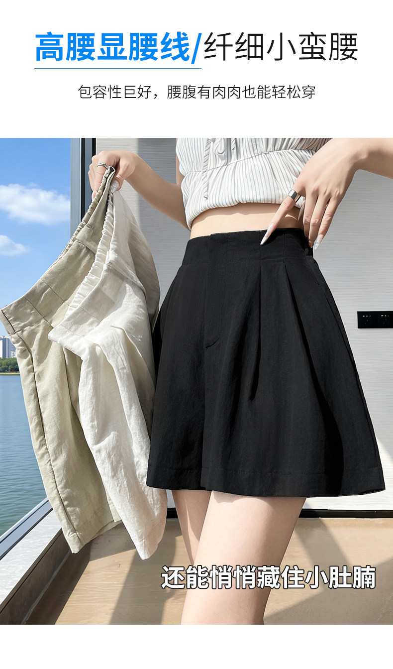 Quần short nữ vải lanh cạp cao ống rộng dáng suông mùa hè — màu đen chi tiết 12