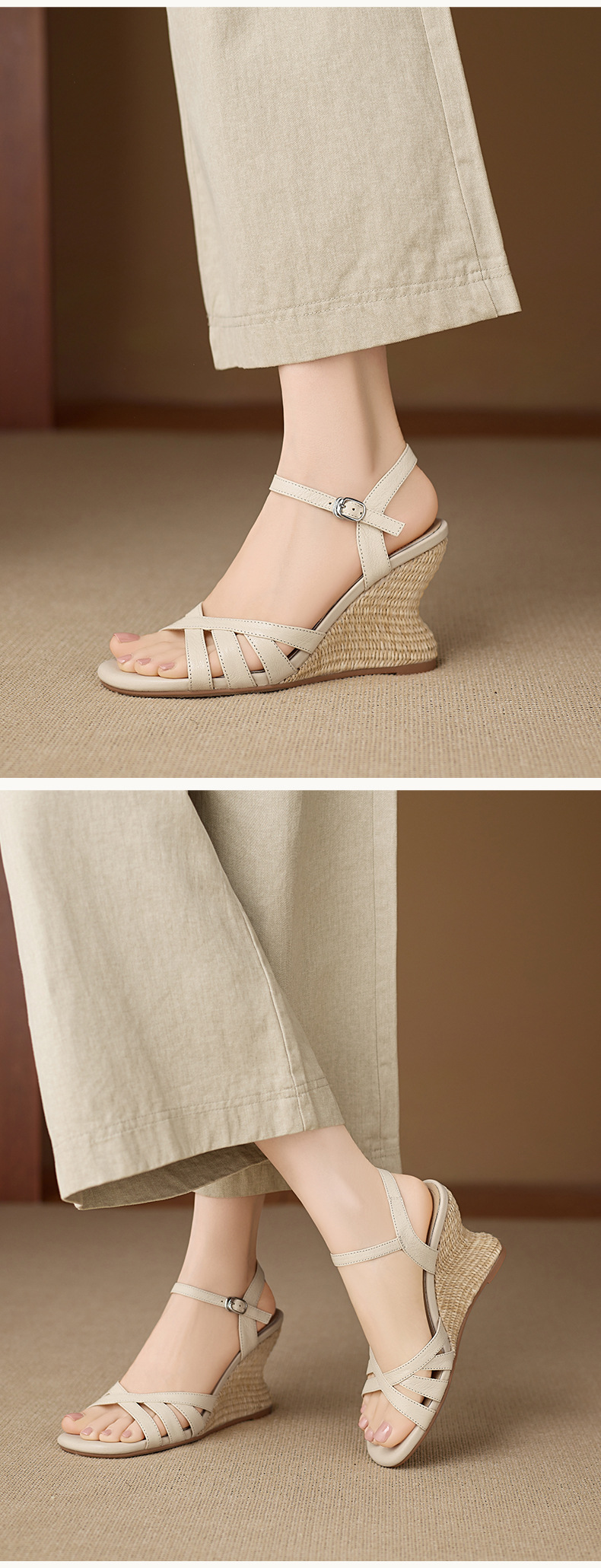 Sandal cao gót nữ hở mũi quai ngang đế xuồng bện cỏ — màu trắng ngà, màu mơ chi tiết 9
