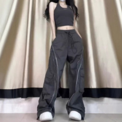 ズボンの女性のタイプの春と秋の高腰のまっすぐな筒のゆったりしている大きいサイズの工装のズボンのファッションのブランドのアメリカの広い足のカジュアルなズボンはやせています。