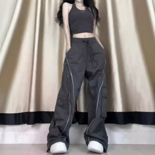 裤子女款春秋季高腰直筒宽松大码工装裤潮牌美式阔腿休闲长裤显瘦