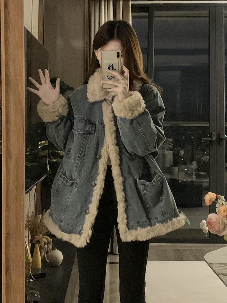 羊羔毛牛仔外套女秋冬季新宽松加绒棉衣服小个子加厚棉袄