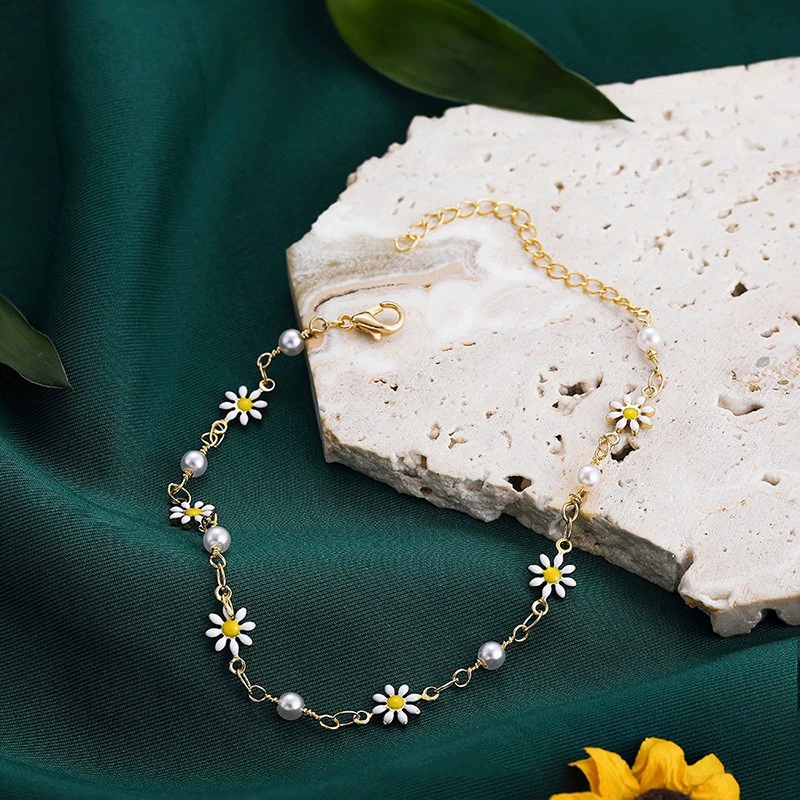 Модный утонченный аксессуар, пляжная летняя ankle bracelet из жемчуга, европейский стиль, цветы
