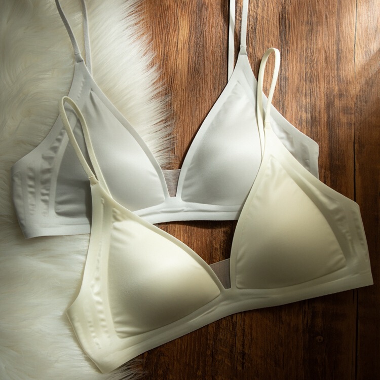 CynL Milk Satin French Style Deep V-neck Underwear Women's Summer Thin Shoulder Strap Non-marking Triangle Cup Small Chest Non-rimless Thin Bra