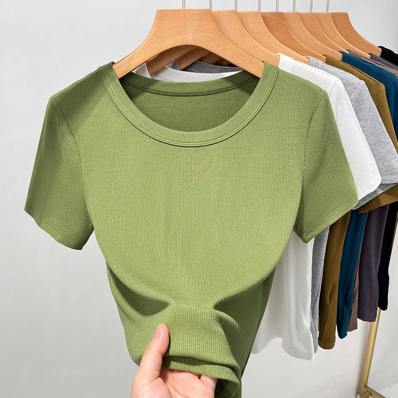 T-shirt de mangas cortas de rosca para mujeres 2025, nueva ropa de mujer de color sólido con camiseta de base elegante de cuello redondo de cintura