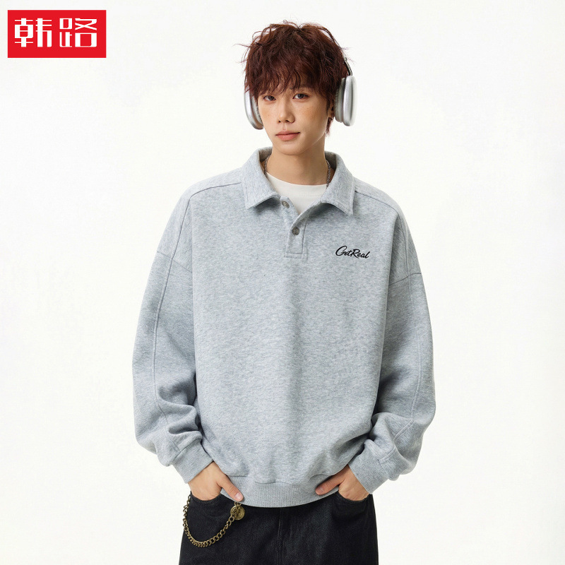 Trendy Brand Letter Print Lapel Sweatshirt for Men, Spring Vintage College Style Short Wide Silhouette Polo Shirt Jacket