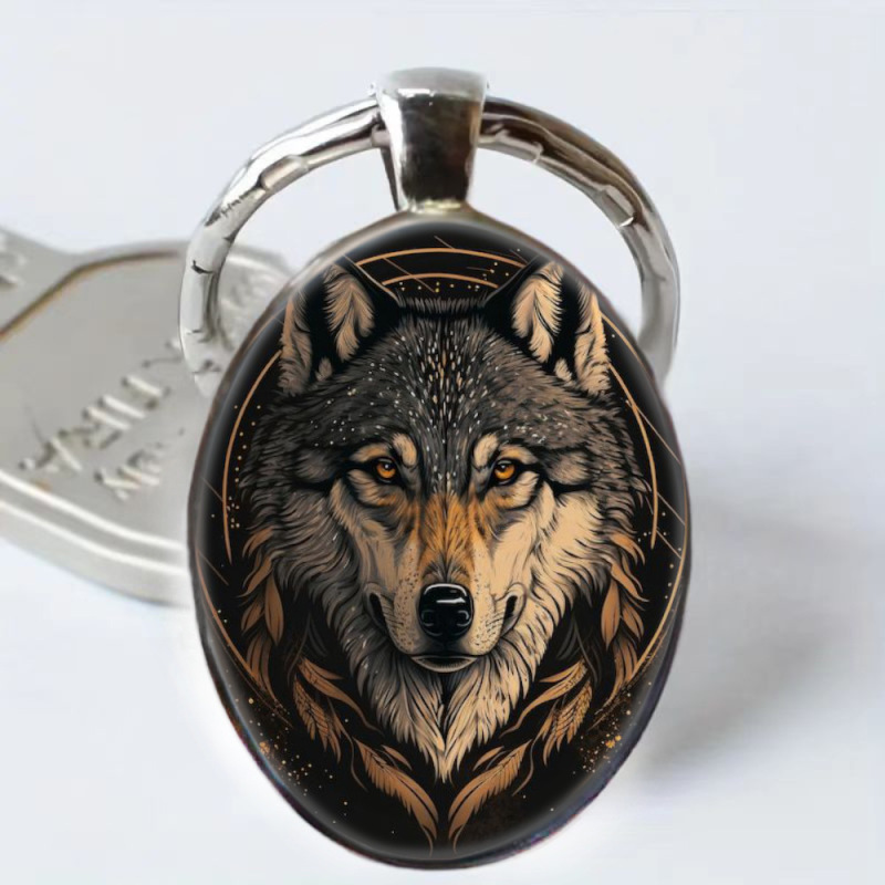1pc Fashion Wolf Pattern Oval Key Chain Men, Holiday Birthday Party Commemorative Gift for Men