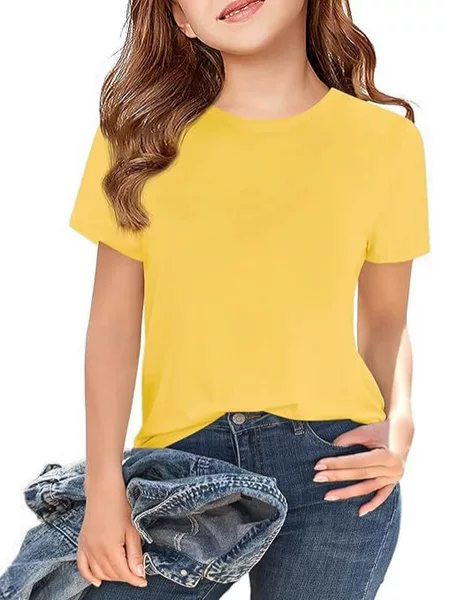 Cross-Border Supply Girls Pure Cotton Short-Sleeved T-Shirt Summer Round Neck Pure Color Top Basic Model for Kidsren Aged 5 to 14 Years Old