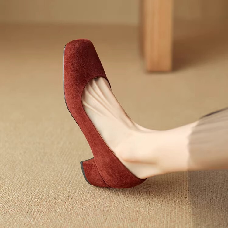 Spring and Autumn Sexy Retro Professional Square-Toe Mid-Heel Chunky Heel Suede Slip-On Women's Shoes in Red with Shallow Opening Spring and Autumn Sexy Retro Professional Square-Toe Mid-Heel Chunky Heel Suede Slip-On Women's Shoes in Red with Shallow Opening