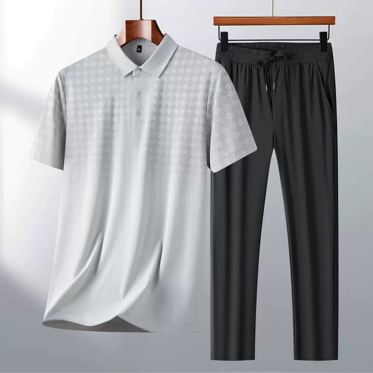 夏季男士冰丝套装中老年爸爸装户外运动套装短袖Polo衫印花T恤