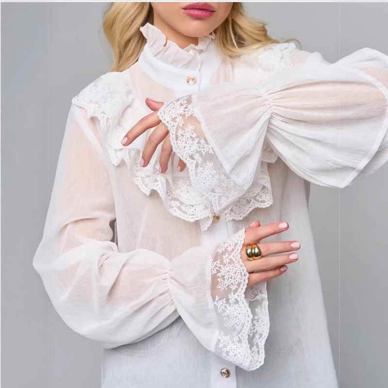 Stand Collar Long-Sleeved Shirt for Women 2025 Spring & Fall New Fashion Inner Chiffon Lace Stand Collar Long-Sleeved Bow Shirt