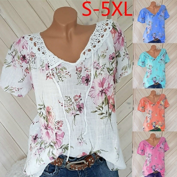 2021Wish Amazon Aliexpress Summer Hot-Selling New Top Lace V Neck Printed Short-Sleeved T-Shirt 0541