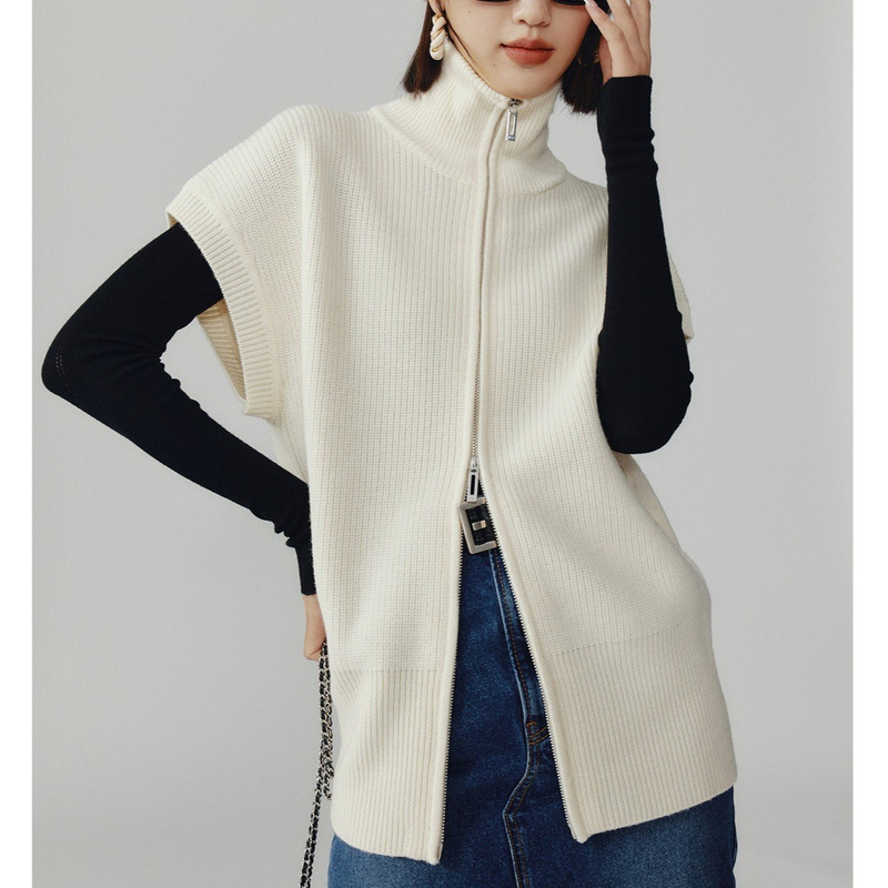 King of Layering Italian Air-Shipped Silk Wool Yarn Double-Zip Loose Vest Turtleneck Sweater