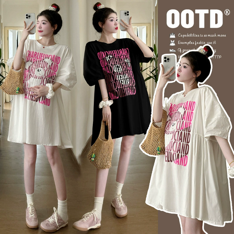 Летнее платье для беременных 2025, модная футболка с мультяшным принтом, большой размер, свободный крой, стильная юбка для беременных
