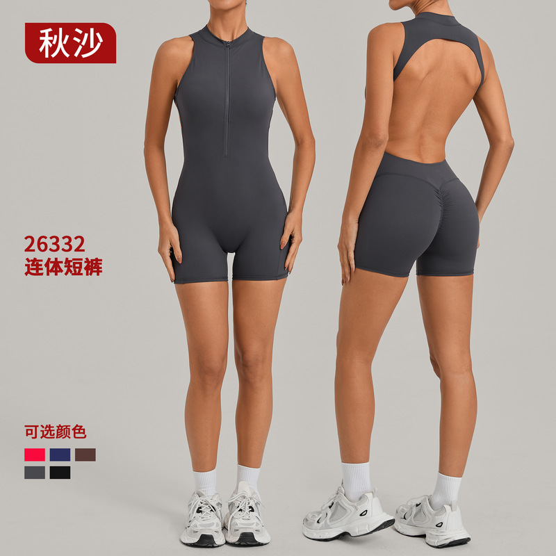 Autumn Semi-Zip Open-Back One-Piece Yoga Outfit Outdoor Fitness Jumpsuit Sports Bodysuit 26332
