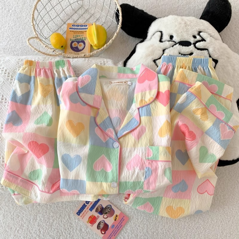 Japonés helloKitty nube de algodón puro pijamas de pareja verano de manga corta para mujer servicio a domicilio de tres piezas para hombre