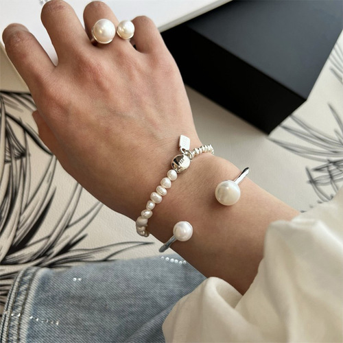 Korean version pearl bracelet open-style bangle for women, INS cool wind, simple temperament, versatile, unique design sense, trendy bracelet