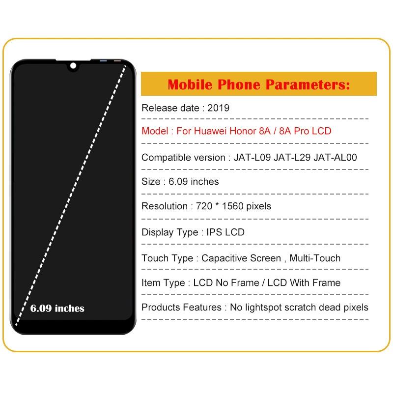 Подходит для Honor 8A/Y6 2019, экран LCD, внутренний и внешний дисплей с рамкой сборки LCD