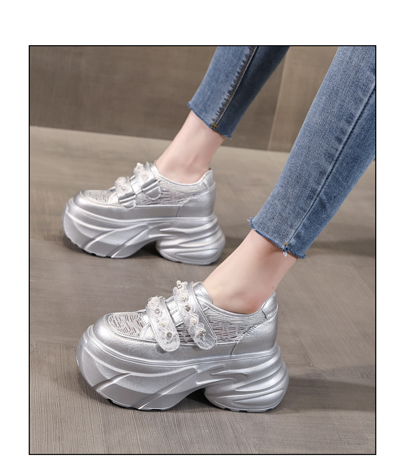 Giày sneaker nữ đế dày chunky, mặt lưới thoáng khí, gắn đá, dán Velcro — Màu trắng chi tiết 18
