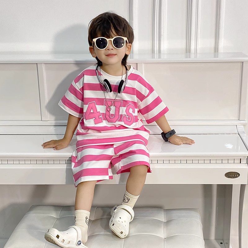 Boys summer suit Korean children striped t-shirt children's clothing 4US new baby summer short sleeve cool handsome boy