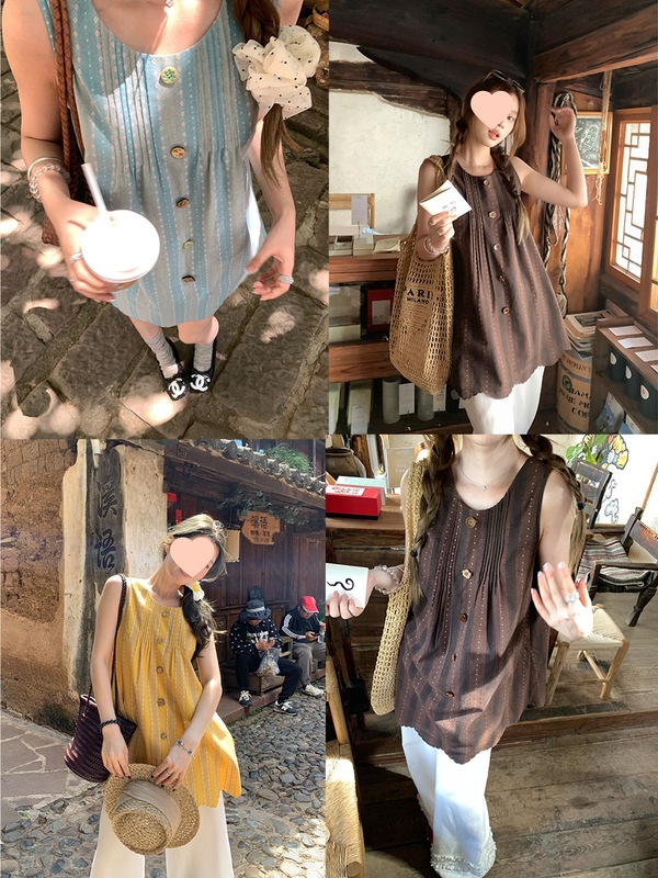 Xiang Lizi Sweet Style」年齢を軽減するエスニックスタイルのストライプ刺繍ノースリーブルーズプリーツベストドレス|undefined