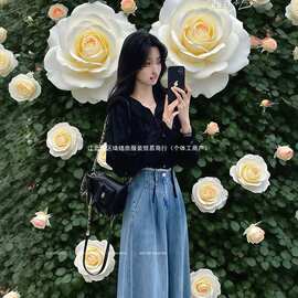 秋季套装女新款大码胖黑色长袖衬衫毛边牛仔阔腿长裤两件套