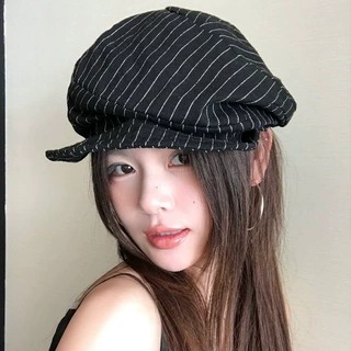 大头围前进帽女款夏季报童帽条纹帽子适合方圆脸显脸小画家贝雷帽