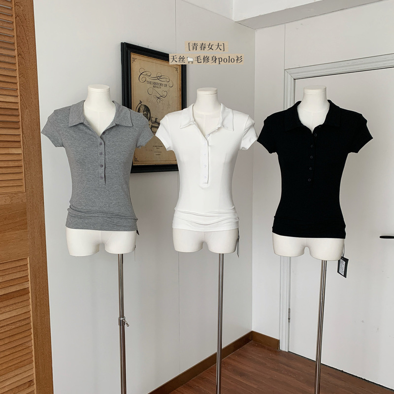 若々しい女性の大きなテンセルウールの塩味と甘味のスリムフィットポロシャツTシャツ多用途の小さな半袖トップ|undefined