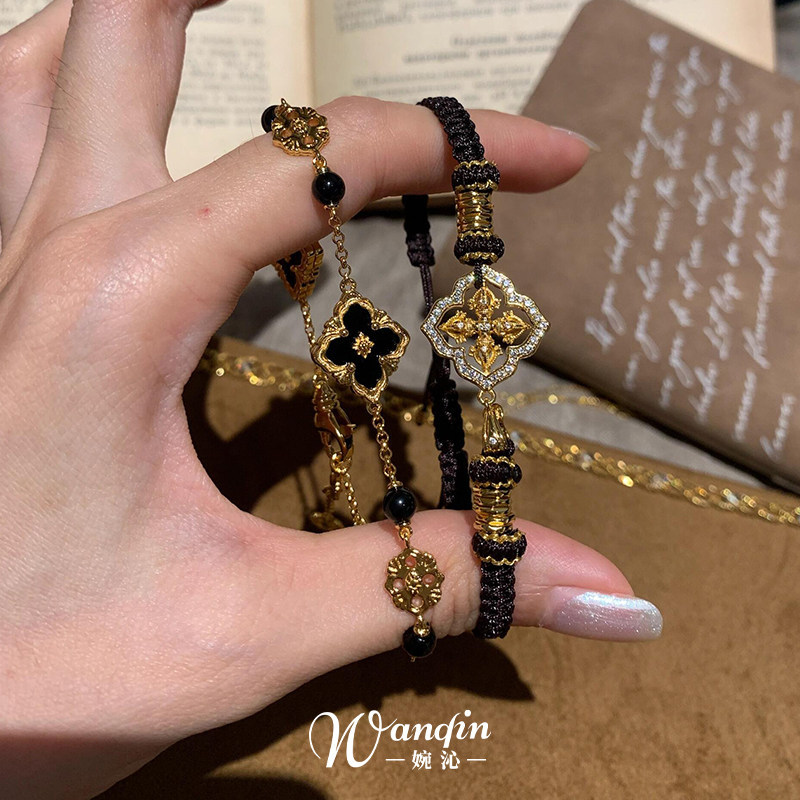Black and Gold-Tone Floral Bracelet - main view