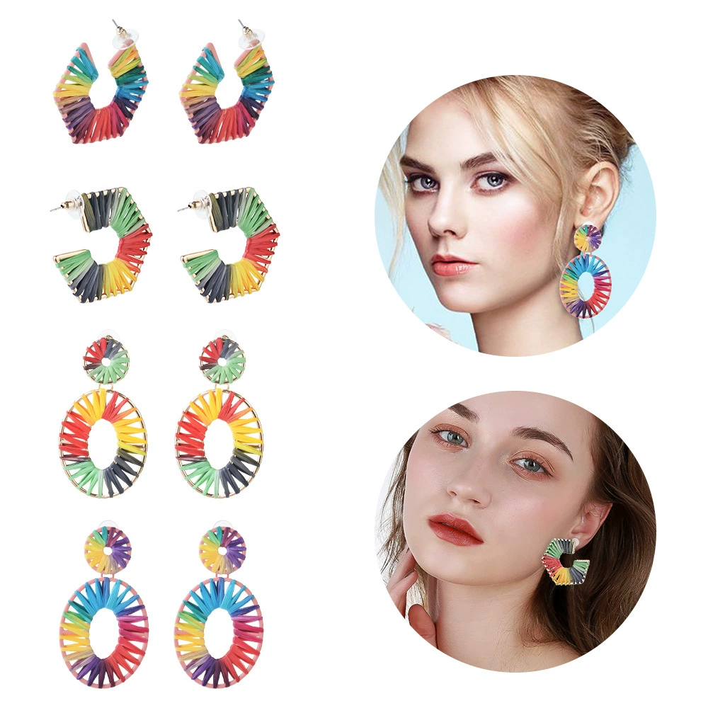 Овальные шестиугольные серьги рафия ручной работы серьги женские сережки-4 пары сережек Новинка трансграничные женские Европа и США