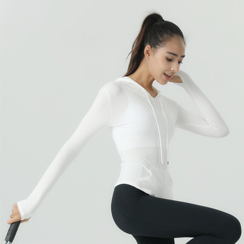 Meixi sports sun protection top women's slim-fitting quick-drying long-sleeved short casual thin coat fitness wear hooded yoga wear