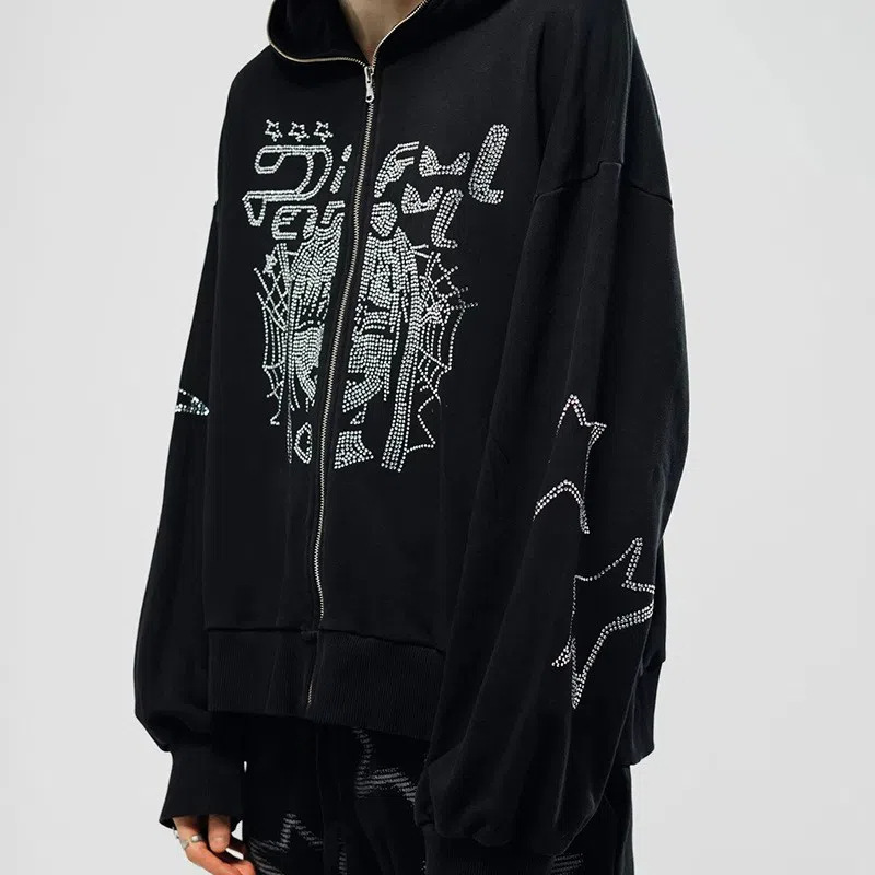 Autumn and Winter new women's rhinestone zipper coat anime Gothic rhinestone hoodie European and American y2g men's pullover sweater