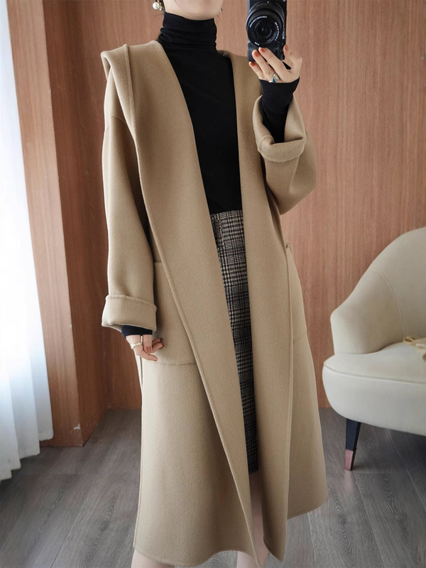Women's Hooded Double-Sided Wool Coat with Pocket Loose Casual Elegant Simple Fashion All-Match Lace-Up Jacket