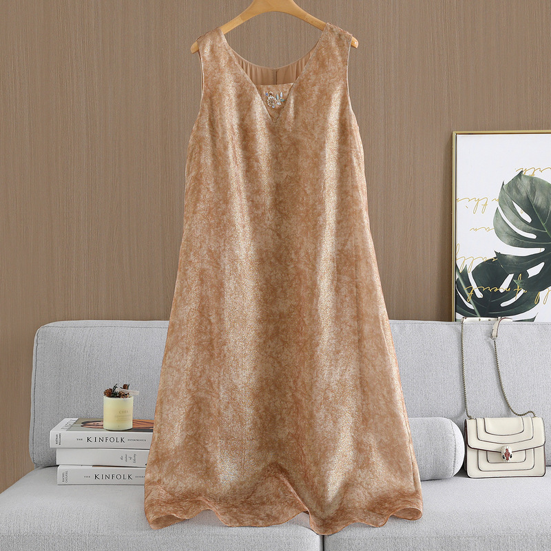 Silk Satin 2026 Summer New Women's V-Neck Long Dress, Mid-Length Over-The-Knee Printed Elegant Sleeveless Dress Silk Satin 2026 Summer New Women's V-Neck Long Dress, Mid-Length Over-The-Knee Printed Elegant Sleeveless Dress