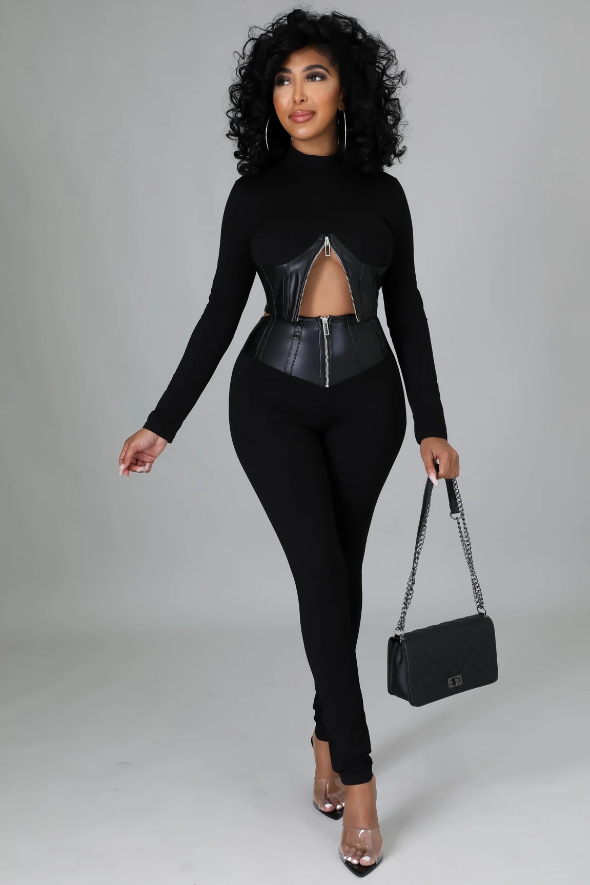 solid color tight-fitting PU leather stitching long-sleeved top and trousers two-piece suit NSXLY138844