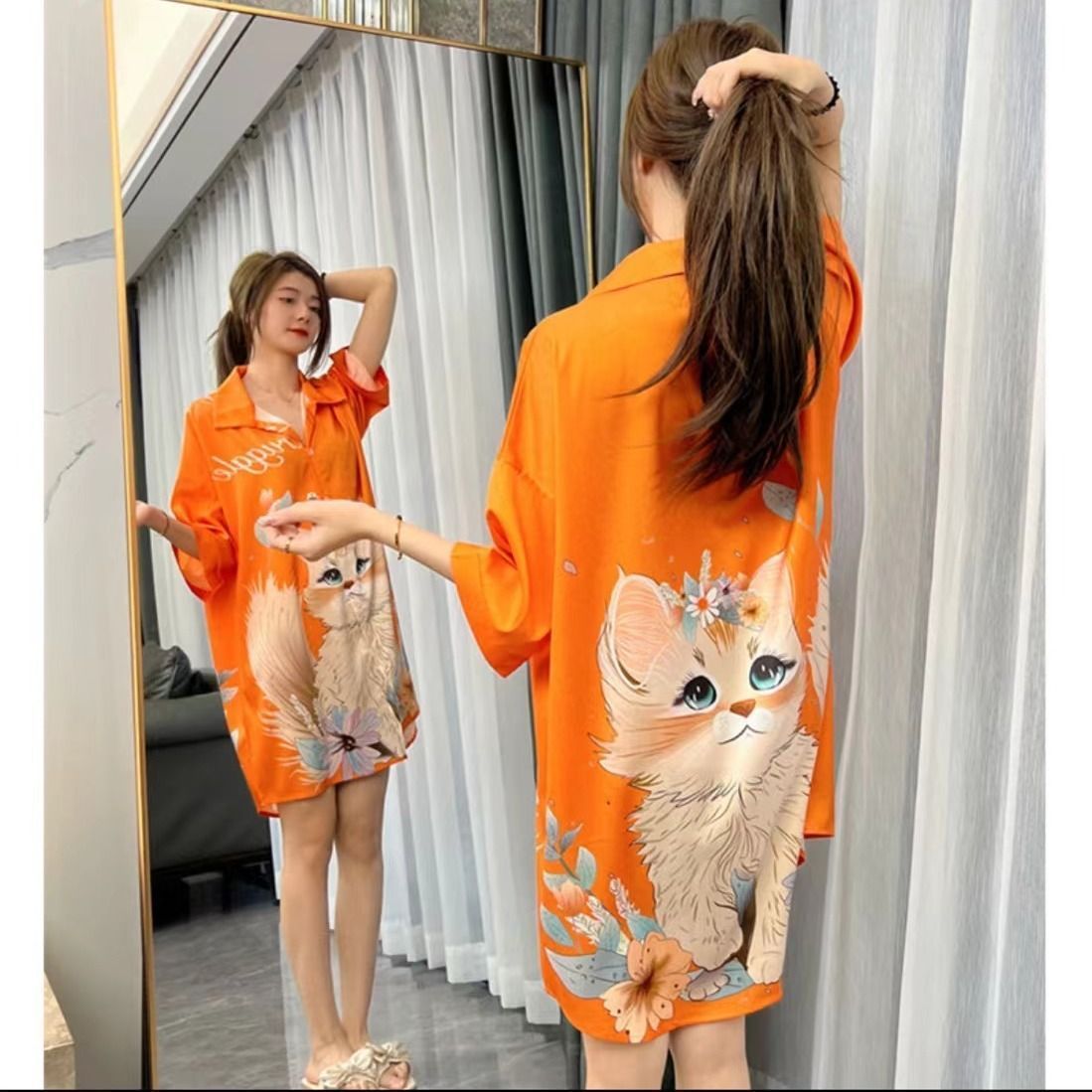 여성을위한 한국 스타일의 새로운 얼음 실크 잠옷 여름 얇은 섹시한 카디건 잠옷 여성을위한 하이 엔드 라이트 럭셔리 느슨한 홈웨어