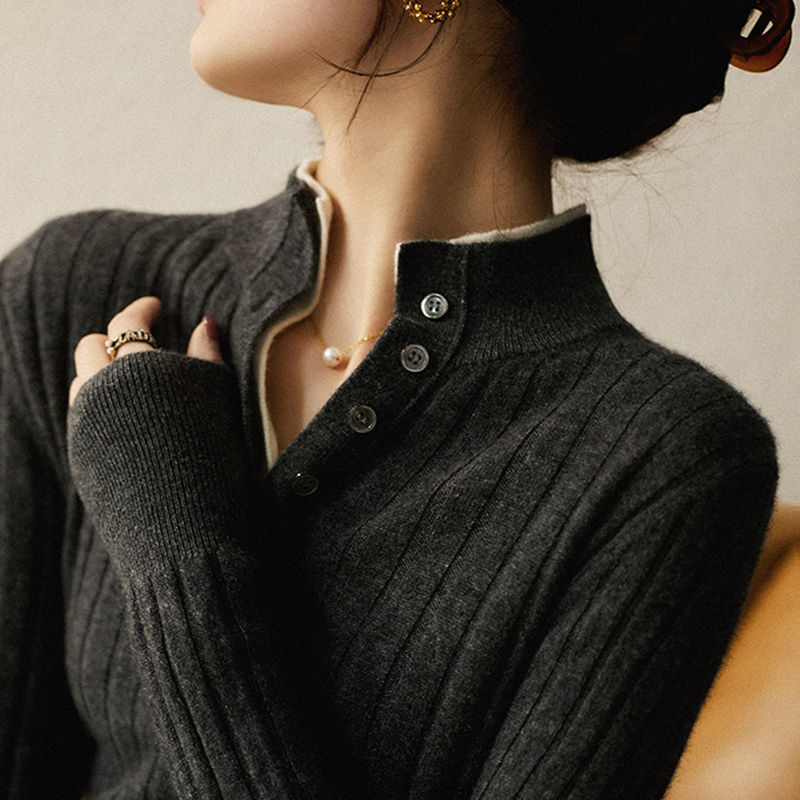 双层两排扣翻领假两件针织衫秋冬季新款半高领毛衣女加厚内搭上衣