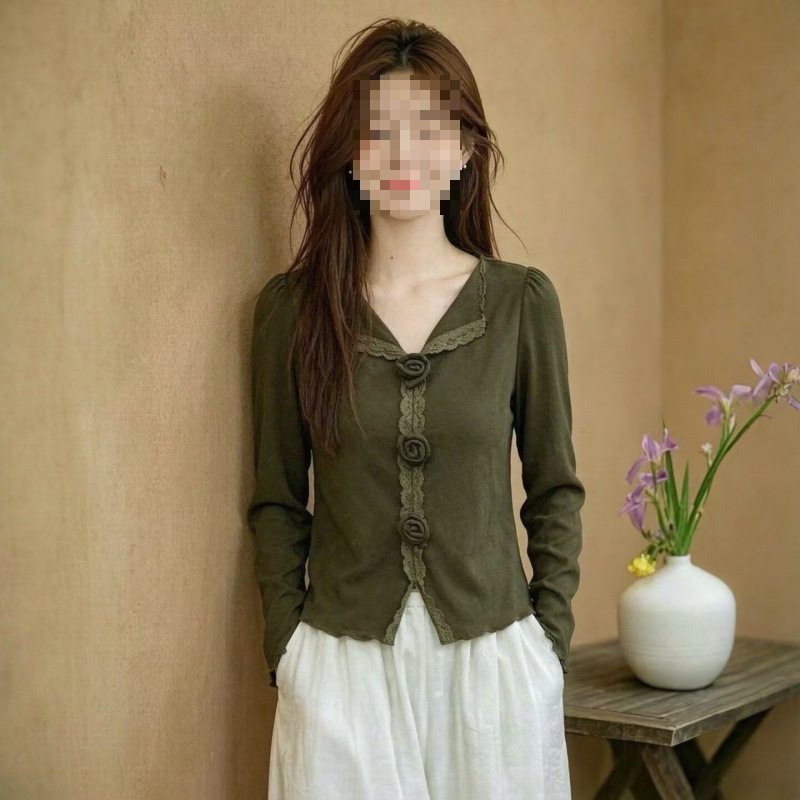 Early autumn retro forest-style olive green V-neck long-sleeve top for women, featuring three-dimensional handmade floral lace trim and a slim fit