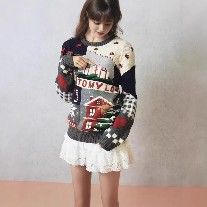 2025 New Winter Women's Clothing with Festive Atmosphere Intarsia Round Neck Sweater Pullover Knitwear Ytkw254Cl1B