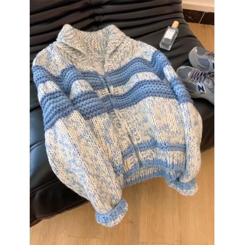 Korean-Style Lazy Style Stunning Blue Striped Lapel Thick Knit Sweater Coat Autumn and Winter New Fashion Top for Women Korean-Style Lazy Style Stunning Blue Striped Lapel Thick Knit Sweater Coat Autumn and Winter New Fashion Top for Women