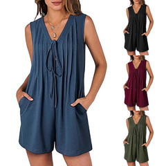 2025 夏の新クロスボーダーヨーロッパとアメリカの服アマゾン TEMU ホット販売ボタンポケットベストジャンプスーツ女性のための