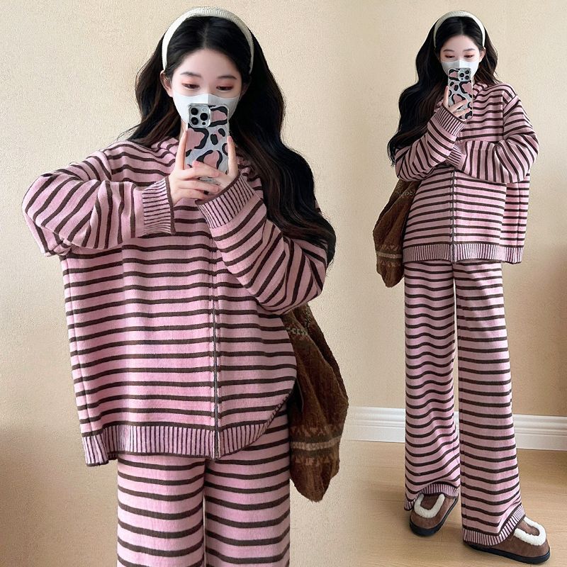 韩系慵懒风时尚休闲套装女2025春秋连帽条纹针织外套阔腿裤两件套|undefined