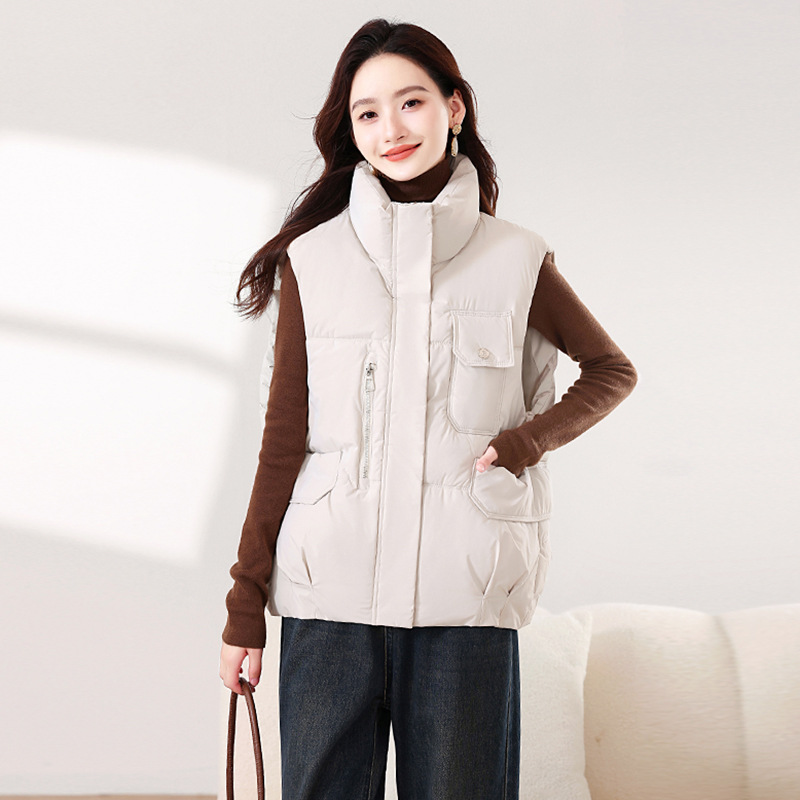 Invierno nuevo color sólido moda casual versátil delgado suelto cuello de pie grueso abrigo de algodón de hombro chaleco