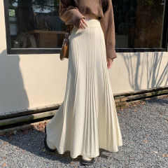 厚みのあるプリーツニットスカート女性用2025秋冬新作伸縮性ハイウエストスリムドレープAラインロングスカート