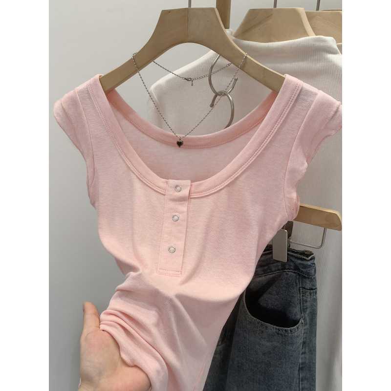 2026 Summer New Korean-Style Design U-Neck Button Lace T-Shirt for Women, Unique and Beautiful Waist-Cinching Top for Women 2026 Summer New Korean-Style Design U-Neck Button Lace T-Shirt for Women, Unique and Beautiful Waist-Cinching Top for Women