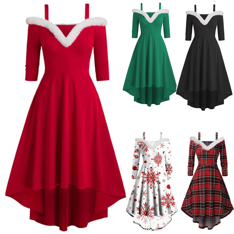 Customized Women's Christmas Long-Sleeved Plush High and Low Deep V Off-Shoulder Dress European and American Cross-Border Export